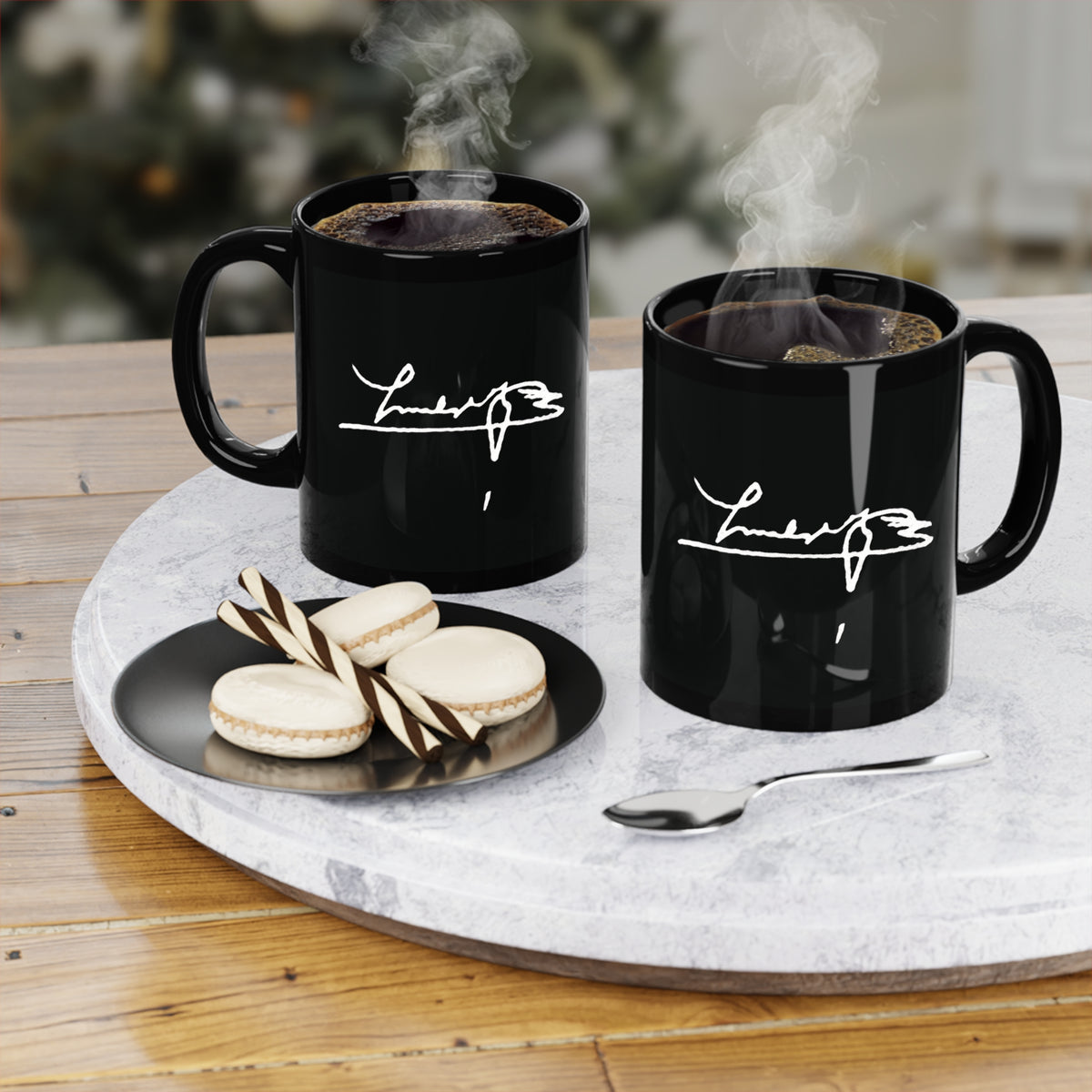 Black Signature Coffee Mug – 11oz Black Ceramic Mug with White Handwritten Script