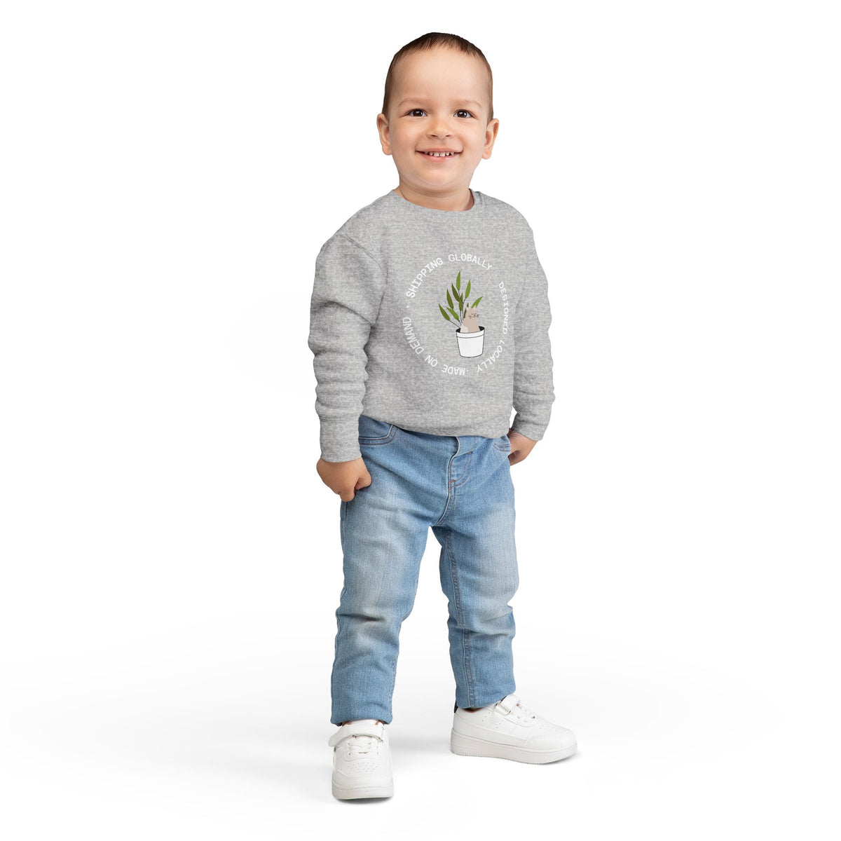 Toddler Sweatshirt — Cute Potted Plant Graphic "Growing Globally"