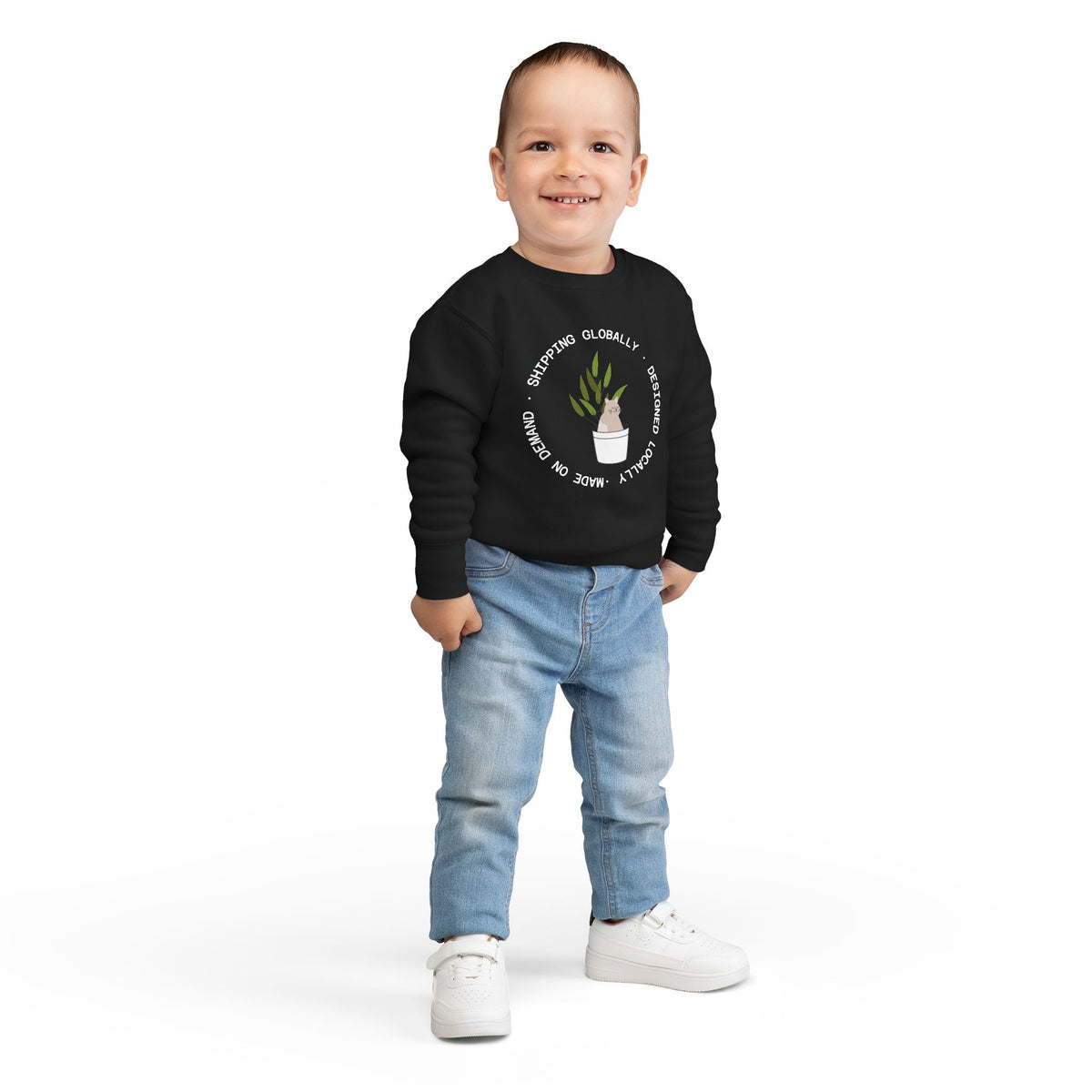 Toddler Sweatshirt — Cute Potted Plant Graphic "Growing Globally"