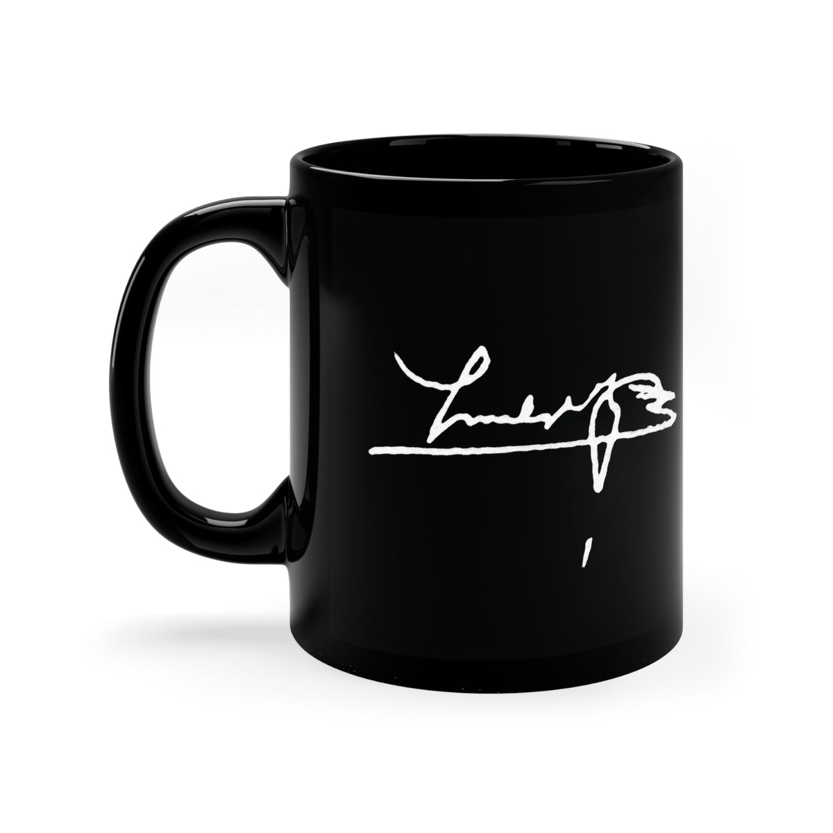Black Signature Coffee Mug – 11oz Black Ceramic Mug with White Handwritten Script