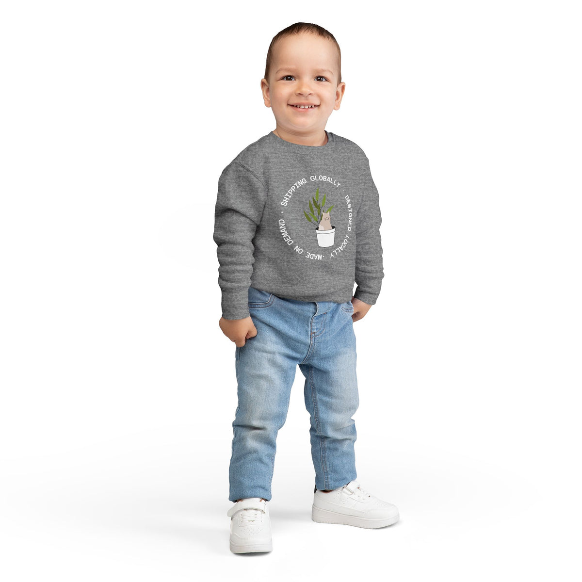 Toddler Sweatshirt — Cute Potted Plant Graphic "Growing Globally"