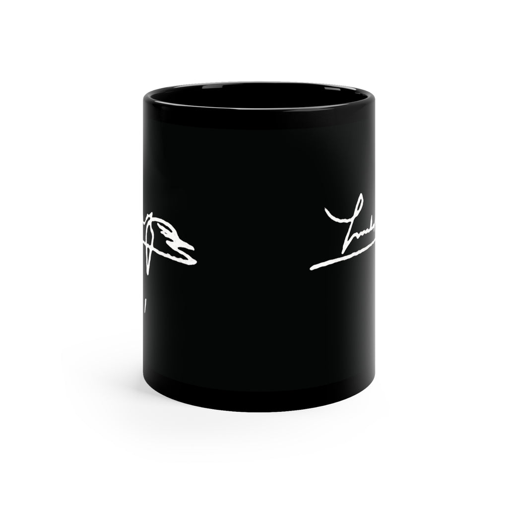 Black Signature Coffee Mug – 11oz Black Ceramic Mug with White Handwritten Script