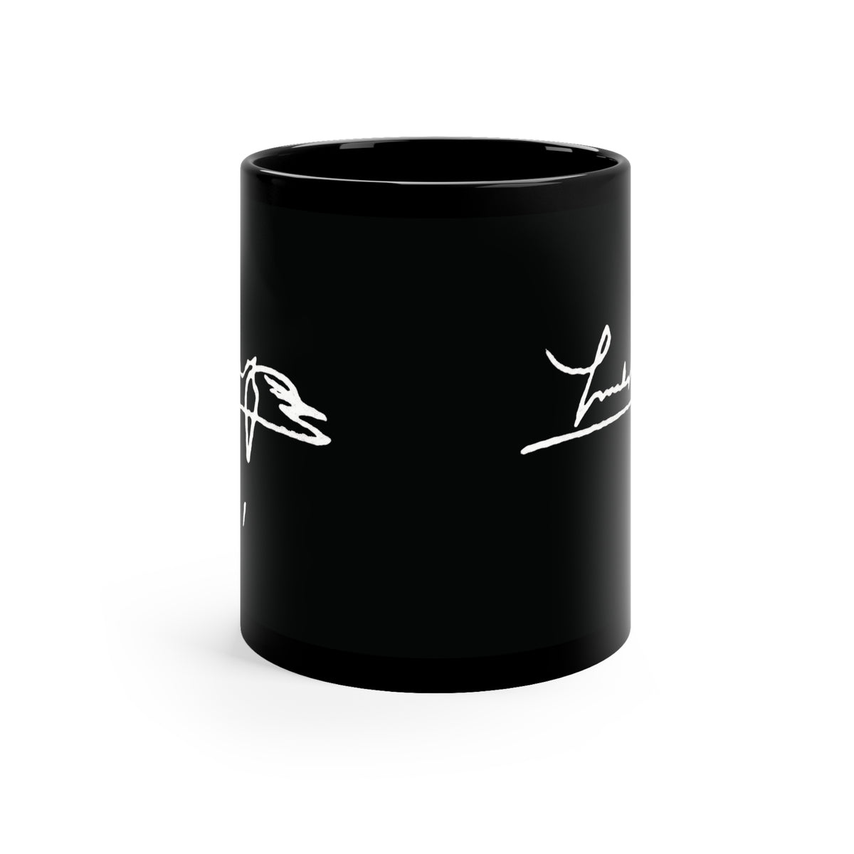 Black Signature Coffee Mug – 11oz Black Ceramic Mug with White Handwritten Script