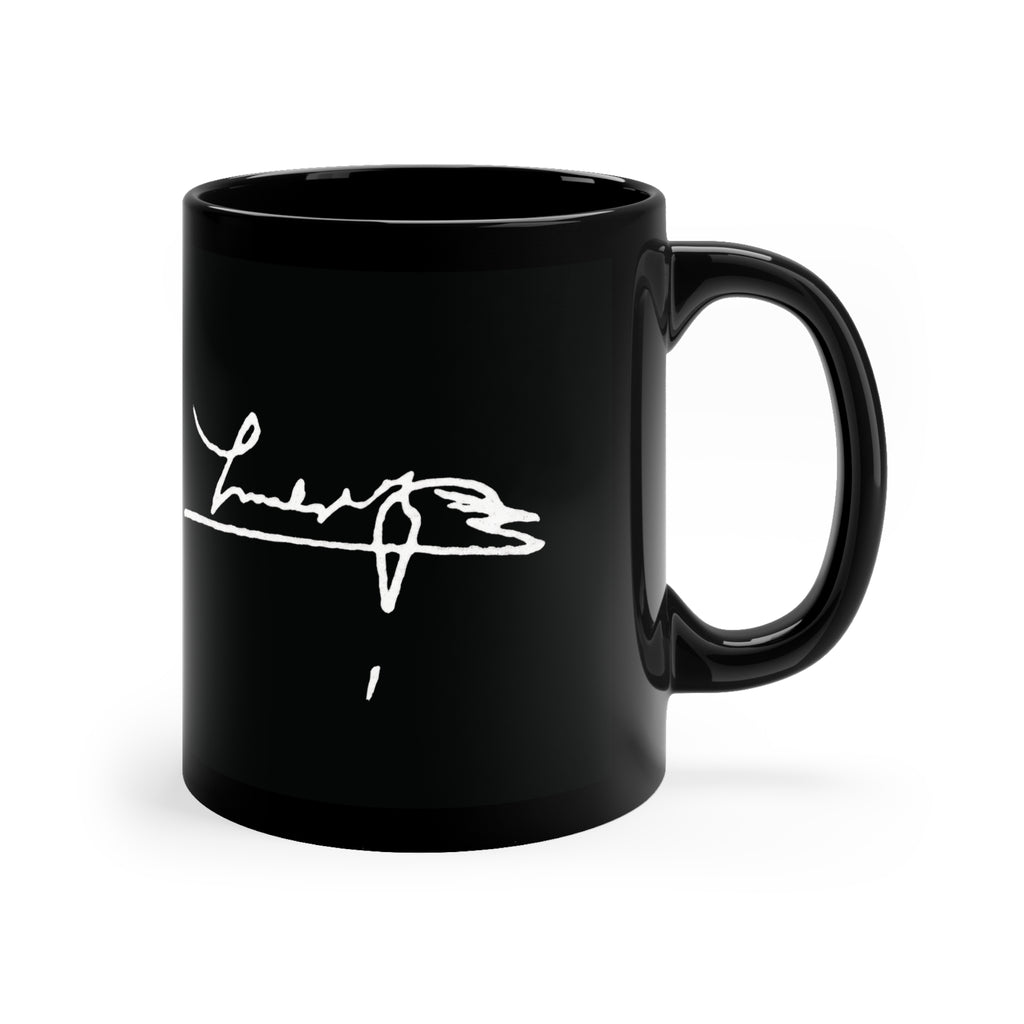 Black Signature Coffee Mug – 11oz Black Ceramic Mug with White Handwritten Script