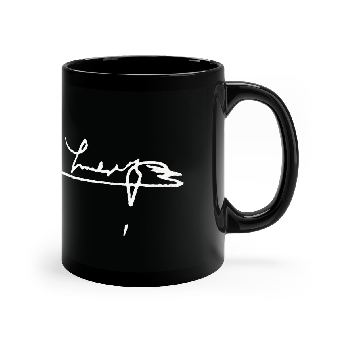 Black Signature Coffee Mug – 11oz Black Ceramic Mug with White Handwritten Script